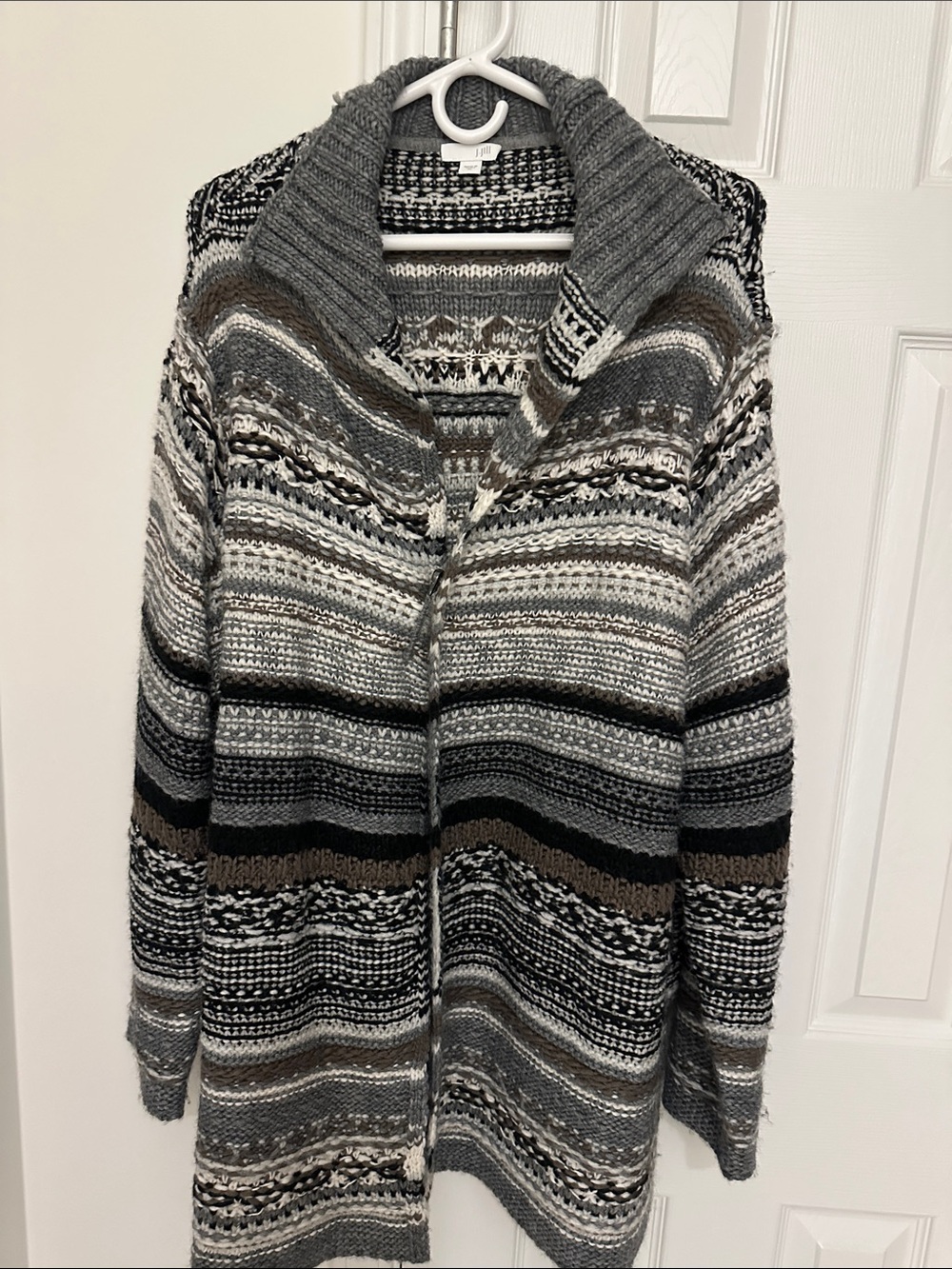 J. Jill Striped Shawl Collar Knit Cardigan in Gray and Brown